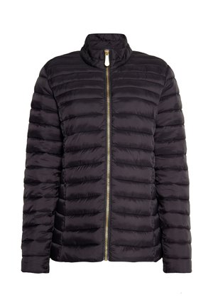 Sort pufferjakke med vertikal quiltet design, høj krave og guld lynlås lukning. Glat tekstur med en minimalisme stil.