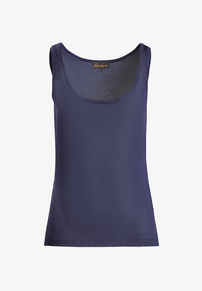 Tamsiai mėlynas be rankovių marškinėlis su apvaliu iškirpimu. Pagamintas iš tekstūruoto mezginio audinio, turi prigludusią formą ir baigiasi banguotu kraštu.