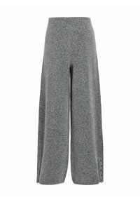 Szare szerokie spodnie wykonane z teksturowanej tkaniny, z wysokim stanem, wyposażone w boczne rozcięcia i guziki na dolnych bokach.