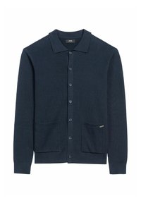 Granatowy prążkowany kardigan z zapięciem na guziki, spiczastym kołnierzykiem, dwiema przednimi kieszeniami i małą metką marki na lewej kieszeni.