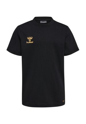 Schwarzes Baumwoll-T-Shirt mit Rundhalsausschnitt, kurzen Ärmeln und einem goldenen Hummel-Logo auf der oberen linken Brust. Einfaches, unauffälliges Design.