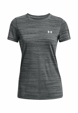 Dunkelgraues meliertes Sport-T-Shirt mit kurzen Ärmeln, Rundhalsausschnitt und kleinem weißen Under Armour-Logo auf der linken Brust.