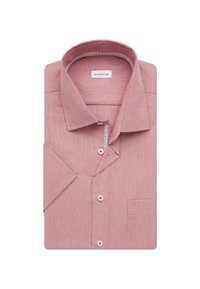 Lichtroze shirt met korte mouwen, een gestructureerde kraag, een borstzak en een contrasterende, gestippelde binnenkraag. Voorzien van knoopsluitingen met gekleurde accenten.