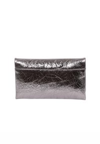 Metallic silver clutch with a crinkled texture, featuring a sleek rectangular shape and a fold-over top closure for secure access.