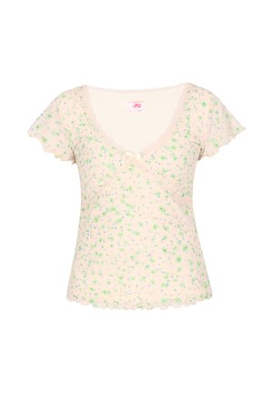 Crème-kleurige top met korte mouwen, groene en blauwe bloemenprint, kanten afwerking aan de halslijn, klein strikje in het midden en een gegolfde zoom.