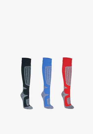 Three knee-high sports socks in black, blue, and red with grey cushioned areas and vertical stripe patterns on a white background.