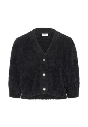 Schwarzer Cardigan aus flauschigem Material mit tiefem V-Ausschnitt, dreiviertel Ärmeln und fünf dekorativen, edelsteinähnlichen Knöpfen.