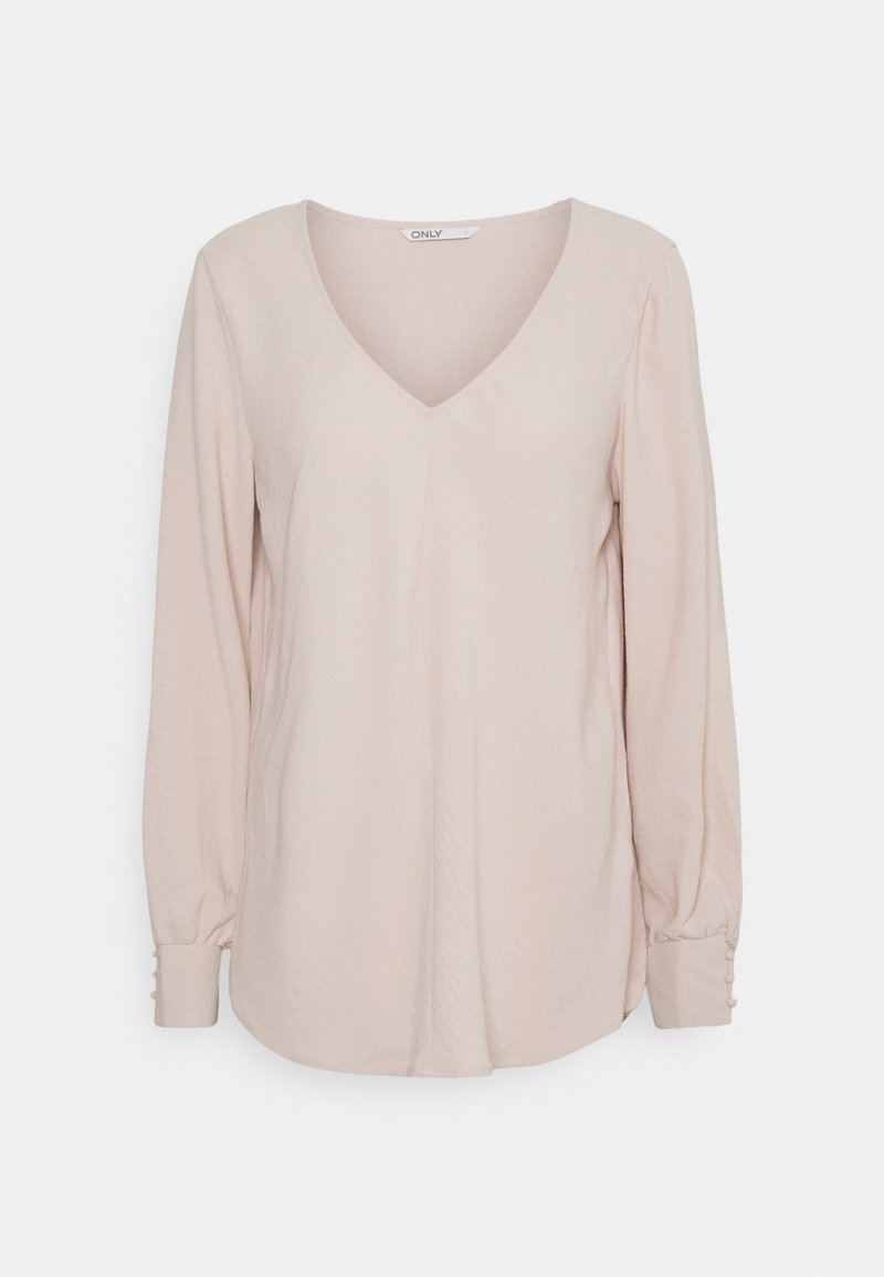 Langärmlige, blass rosa Bluse mit V-Ausschnitt, leicht lockerer Passform und geknöpften Ärmelbündchen. Weiche Textur, glattes Material und keine sichtbaren Muster.