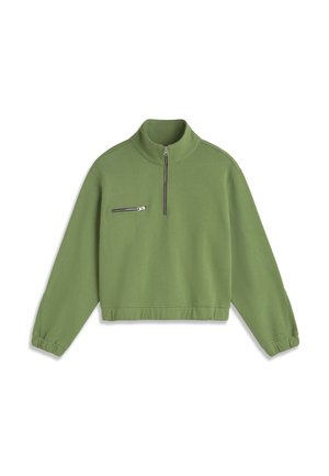 Pull-over vert à manches longues avec col montant, demi-fermeture éclair à l'avant, poche poitrine zippée, poignets et taille élastiques.
