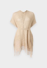 Valkoinen vaaleanbeige kudottu kimono, jossa on lyhyet hihat, vyötäröllä solmittava vyö ja fringe-yksityiskohtia helman kohdalla. Valmistettu läpinäkyvästä, tekstuuripinnoitteisesta materiaalista.