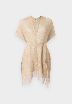 Kimono tejido de color beige claro con mangas cortas, un cinturón atado en la cintura y detalles de flecos en el dobladillo. Hecho de un material transparente y texturizado.