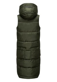 Grüne wattierte Weste mit Kapuze, horizontaler Naht, zwei Fronttaschen und knielangem Design. Hergestellt aus einem glatten, glänzenden Material.