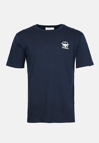Navy blue cotton T-shirt featuring short sleeves and a round neckline, with a small white vintage van graphic on the left chest.