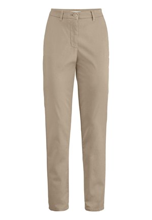 Beige Chinos aus Baumwollmischgewebe, mit taillierter Passform, Knopfverschluss und Vordertaschen. Glatte Textur, Standardlänge.