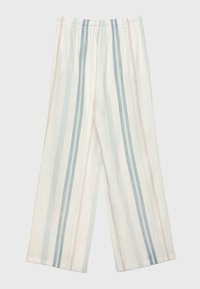 Leichte, weit geschnittene Hose aus weichem Material, mit vertikalen Streifen in Himmelblau und Pink auf einem weißen Hintergrund. Elastischer Bund.