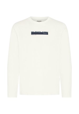 Fehér hosszú ujjú, kerek nyakú pulóver sötétkék "BLEND ORIGINAL DENIM" és "SINCE 1993" feliratokkal a mellkason.