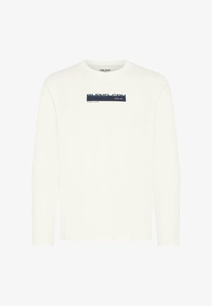 Fehér hosszú ujjú, kerek nyakú pulóver sötétkék "BLEND ORIGINAL DENIM" és "SINCE 1993" feliratokkal a mellkason.