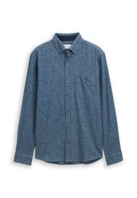 Heren overhemd met lange mouwen in gemêleerd blauwe stof, met een knoopsgatkraag, borstzak en afgeronde zoom. Voorzien van een knoopsluiting aan de voorkant.