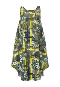 Hihaton mekko, jossa on kukkakuosi vihreän ja sinisen sävyissä, rento leikkaus, pyöreä pääntie ja epäsymmetrinen helma.