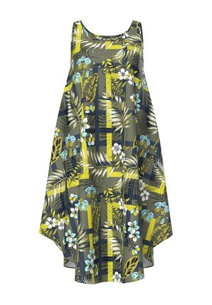 Mouwloze jurk met bloemenpatroon in tinten groen en blauw, met een relaxte pasvorm, ronde halslijn en asymmetrische zoom.