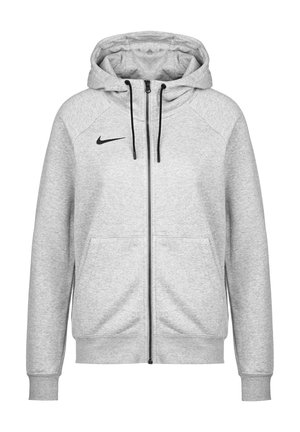 Hellgrauer Hoodie mit durchgehendem Reißverschluss, schwarzen Kordeln, Fronttaschen, gerippten Bündchen und kleinem schwarzem Nike-Swoosh auf der linken Brust.