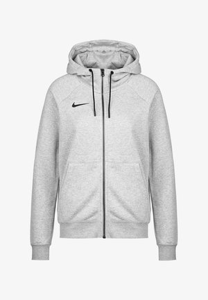 Sweat à capuche gris clair zippé intégral avec cordons noirs, poches avant, poignets côtelés et petit logo Nike noir sur la poitrine gauche.