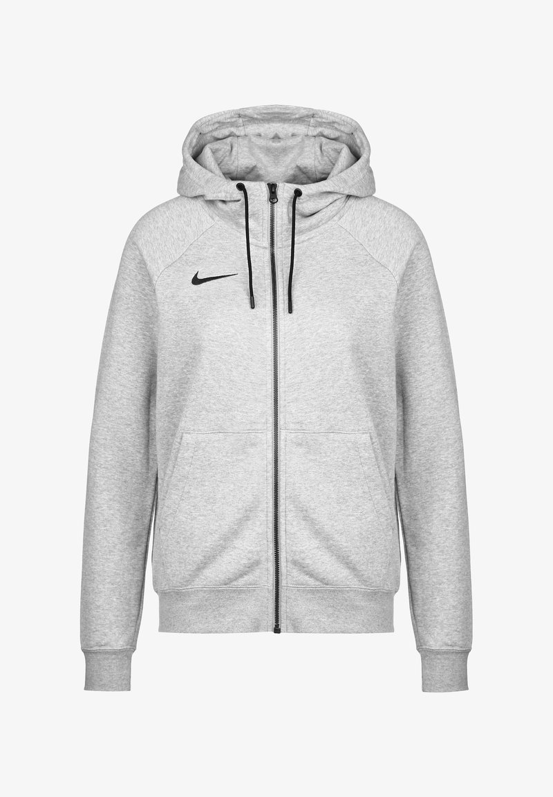 Sweat à capuche gris clair zippé intégral avec cordons noirs, poches avant, poignets côtelés et petit logo Nike noir sur la poitrine gauche.