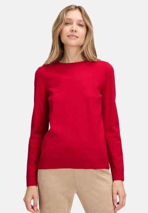Red pullover sweater in a smooth fabric with long sleeves, ribbed cuffs and hem, featuring a classic crew neck design.