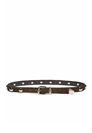 Brown suede belt with silver studs, a silver buckle, and a silver tip, laid flat on a white background.