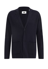 Námořnicky modrý kardigan z texturované látky s klopovým límcem, zapínáním na jeden knoflík a dvěma předními kapsami. Minimalistický design.