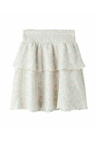 Gonna a più strati leggermente testurizzata con una vita smock in tonalità pastello di rosa e blu, caratterizzata da un orlo ruffled.
