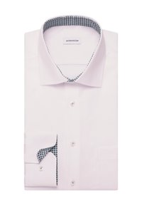 Camicia bianca realizzata in tessuto morbido. Presenta un colletto e una fodera dei polsini a fantasia in tonalità di verde. Include chiusure a bottone.