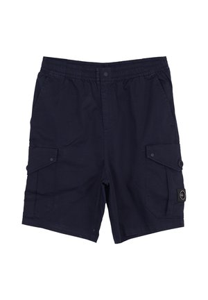 Granatowe szorty cargo z elastycznym pasem, guzik z przodu, boczne kieszenie z patkami oraz mała okrągła naszywka na prawej kieszeni.