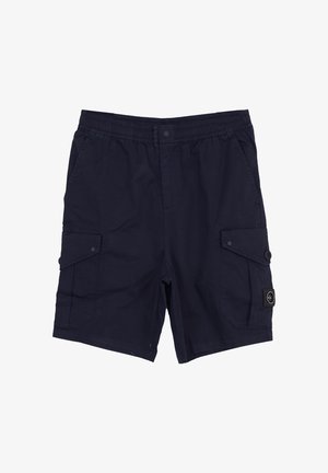 Granatowe szorty cargo z elastycznym pasem, guzik z przodu, boczne kieszenie z patkami oraz mała okrągła naszywka na prawej kieszeni.