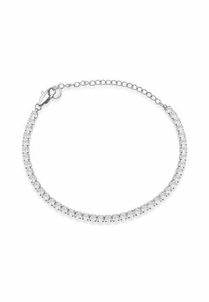 Bracelet chaîne en argent avec pierres précieuses rondes et claires, fermeture à mousqueton, sur fond blanc.