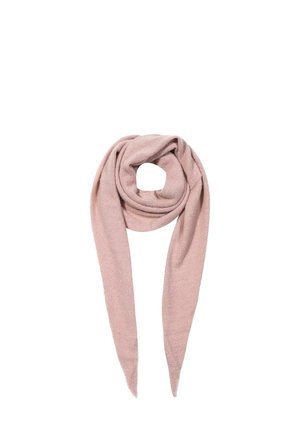 Soft pink knitted scarf folded with long ends hanging down against a white background.