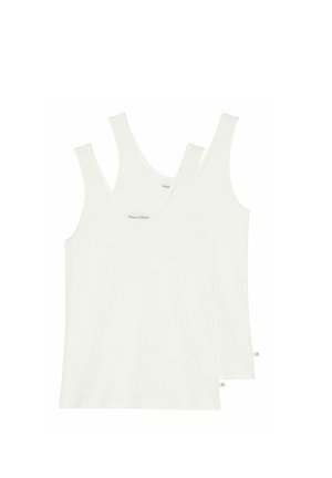 Two white tank tops with wide straps, made of soft fabric. Each features a rounded neckline and subtle branding inside.
