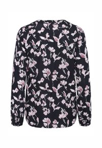 Blusa a maniche lunghe in tessuto nero con stampa floreale in rosa e bianco. Presenta polsini arricciati e scollatura tonda. Texture morbida.