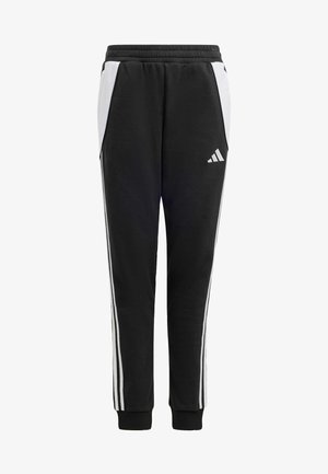 Schwarze Sporthose mit weißen Seitenstreifen, elastischem Bund und kleinem Logo am oberen linken Bein. Aus weichem Stoff gefertigt.
