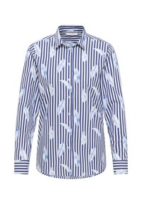 Striped long-sleeve shirt featuring blue and white vertical stripes with a feather pattern, button-down front, and a curved hem.