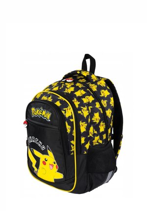 Black and yellow Pikachu-themed backpack with multiple zip compartments, mesh side pocket, and Pokémon logo on the front pocket.