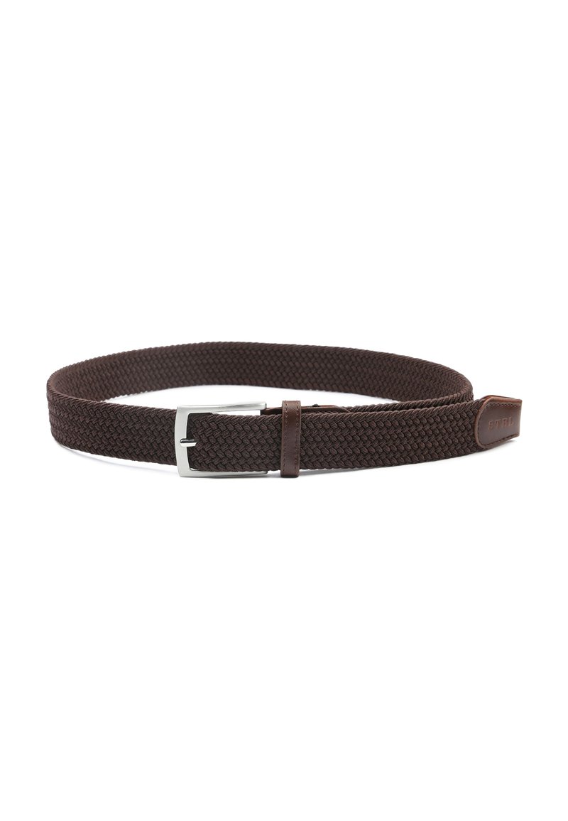 Woven brown belt with a silver metal buckle, leather accents, and a textured finish, showcasing a braided design.