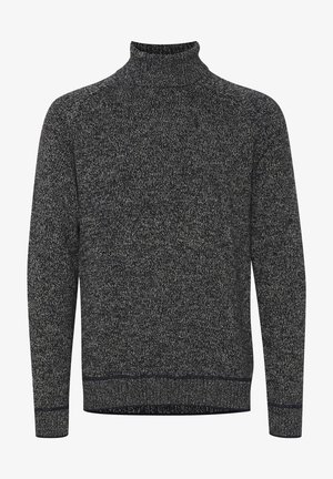 Strickpullover mit Stehkragen in Dunkelgrau mit kontrastierenden hellen Fasern. Verfügt über lange Ärmel und einen gerippten Saum. Texturiertes, mittelschweres Gewebe.