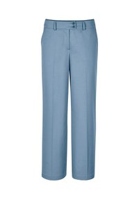 Lichtblauwe rechte broek met twee knopen aan de voorkant en riemlussen, gemaakt van een gladde stof.