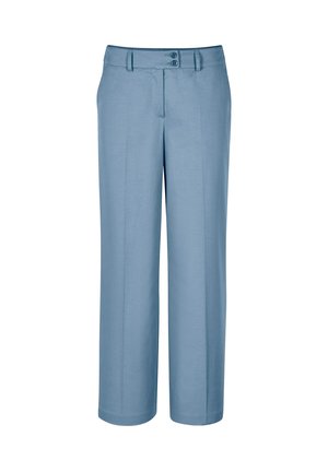 Hellblaue, gerade geschnittene Hosen mit zwei Vorderknöpfen und Gürtelschlaufen, aus einem glatten Stoff gefertigt.