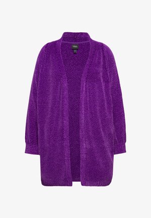 Lila, langärmeliger Cardigan mit offenem Front, weichem Material und gerippten Bündchen. Hat eine lockere Passform und keine Verschlüsse.