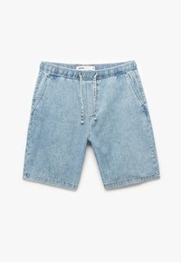 Hellblaue Denim-Shorts mit einem elastischen Bund und Kordelzug, ausgestattet mit zwei Seitentaschen und einem geraden Bein-Design.