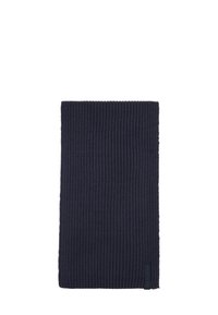 Marineblauwe gebreide sjaal met een ribbelstructuur. Voorzien van een effen kleur en een merkteken aan één rand. Rechthoekige vorm voor veelzijdig draagcomfort.