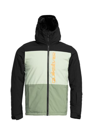 Quiksilver-Jacke mit einer schwarzen Kapuze und Ärmeln, einem hellgrünen Oberteil und einem dunkleren grünen unteren Abschnitt sowie einem orangefarbenen Logo auf der Vorderseite.