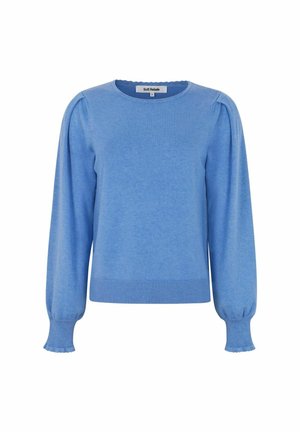 Helles blaues Sweatshirt aus weichem Material, mit langen puffigen Ärmeln, einem runden Ausschnitt und gerippten Bündchen und Saum.